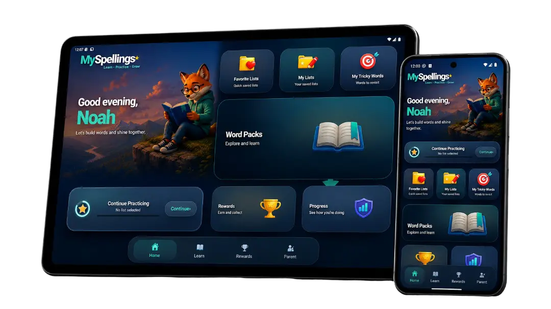 MySpellings app shown on tablet and phone